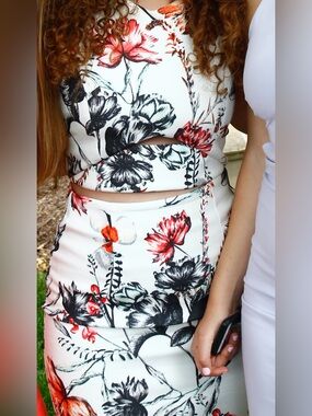 Floral Print White Overlay Midi Skirt - Women